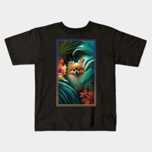 Pomeranian Dog Vibrant Tropical Flower Tall Digital Oil Painting Portrait Kids T-Shirt